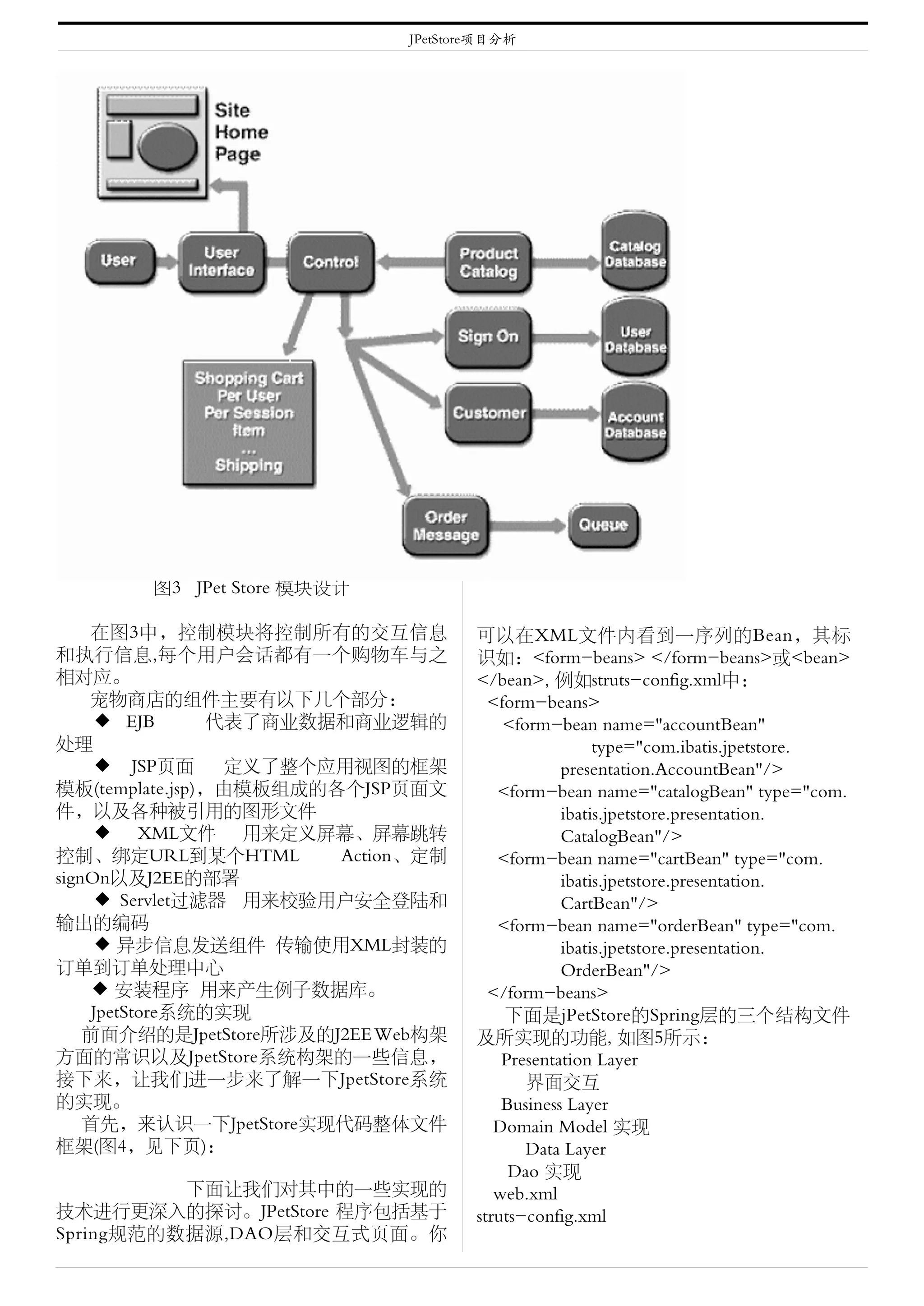 JPetStore项目分析




        图3 JPet Store 模块设计

     在图3中，控制模块将控制所有的交互信息             可以在XML文件内看到一序列的Bean，其标
和执行信息,每个用户会话都有一个购物车与之                识如：<form-beans> </form-beans>或<bean>
相对应。                                 </bean>, 例如struts-config.xml中：
    宠物商店的组件主要有以下几个部分：                  <form-beans>
　　◆ EJB          代表了商业数据和商业逻辑的           <form-bean name="accountBean"
处理                                                    type="com.ibatis.jpetstore.
　　◆ JSP页面         定义了整个应用视图的框架                   presentation.AccountBean"/>
模板(template.jsp)，由模板组成的各个JSP页面文         <form-bean name="catalogBean" type="com.
件，以及各种被引用的图形文件                                   ibatis.jpetstore.presentation.
　　◆ XML文件 用来定义屏幕、屏幕跳转                            CatalogBean"/>
控制、绑定URL到某个HTML         Action、定制       <form-bean name="cartBean" type="com.
signOn以及J2EE的部署                                  ibatis.jpetstore.presentation.
　　◆ Servlet过滤器 用来校验用户安全登陆和                       CartBean"/>
输出的编码                                   <form-bean name="orderBean" type="com.
　　◆ 异步信息发送组件 传输使用XML封装的                          ibatis.jpetstore.presentation.
订单到订单处理中心                                        OrderBean"/>
     ◆ 安装程序 用来产生例子数据库。                 </form-beans>
     JpetStore系统的实现                      下面是jPetStore的Spring层的三个结构文件
    前面介绍的是JpetStore所涉及的J2EE Web构架    及所实现的功能, 如图5所示：
方面的常识以及JpetStore系统构架的一些信息，               Presentation Layer
接下来，让我们进一步来了解一下JpetStore系统                  界面交互
的实现。                                     Business Layer
    首先，来认识一下JpetStore实现代码整体文件           Domain Model 实现
框架(图4，见下页)：                                 Data Layer
                                          Dao 实现
          下面让我们对其中的一些实现的                web.xml
技术进行更深入的探讨。JPetStore 程序包括基于          struts-config.xml
Spring规范的数据源,DAO层和交互式页面。你
 