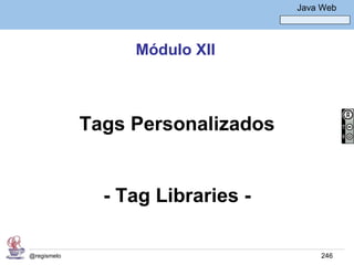 Java Básico – Módulo 1
                                             Java Web




                  Módulo XII



             Tags Personalizados


               - Tag Libraries -

@regismelo                                        246
 