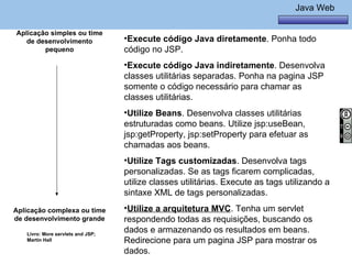 Java Básico – Módulo 1
                                                                                 Java Web

Aplicação simples ou time
   de desenvolvimento              •Execute código Java diretamente. Ponha todo
        pequeno                    código no JSP.
                                   •Execute código Java indiretamente. Desenvolva
                                   classes utilitárias separadas. Ponha na pagina JSP
                                   somente o código necessário para chamar as
                                   classes utilitárias.
                                   •Utilize Beans. Desenvolva classes utilitárias
                                   estruturadas como beans. Utilize jsp:useBean,
                                   jsp:getProperty, jsp:setProperty para efetuar as
                                   chamadas aos beans.
                                   •Utilize Tags customizadas. Desenvolva tags
                                   personalizadas. Se as tags ficarem complicadas,
                                   utilize classes utilitárias. Execute as tags utilizando a
                                   sintaxe XML de tags personalizadas.
Aplicação complexa ou time         •Utilize a arquitetura MVC. Tenha um servlet
de desenvolvimento grande          respondendo todas as requisições, buscando os
   Livro: More servlets and JSP;
                                   dados e armazenando os resultados em beans.
   Martin Hall                     Redirecione para um pagina JSP para mostrar os
    @regismelo
                                   dados.                                         307
 