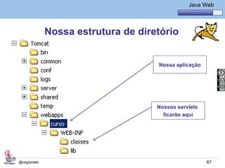 Java Básico – Módulo 1
                                                Java Web




             Nossa estrutura de diretório


                                    Nossa aplicação




                                    Nossos servlets
                                      ficarão aqui




@regismelo                                            67
 