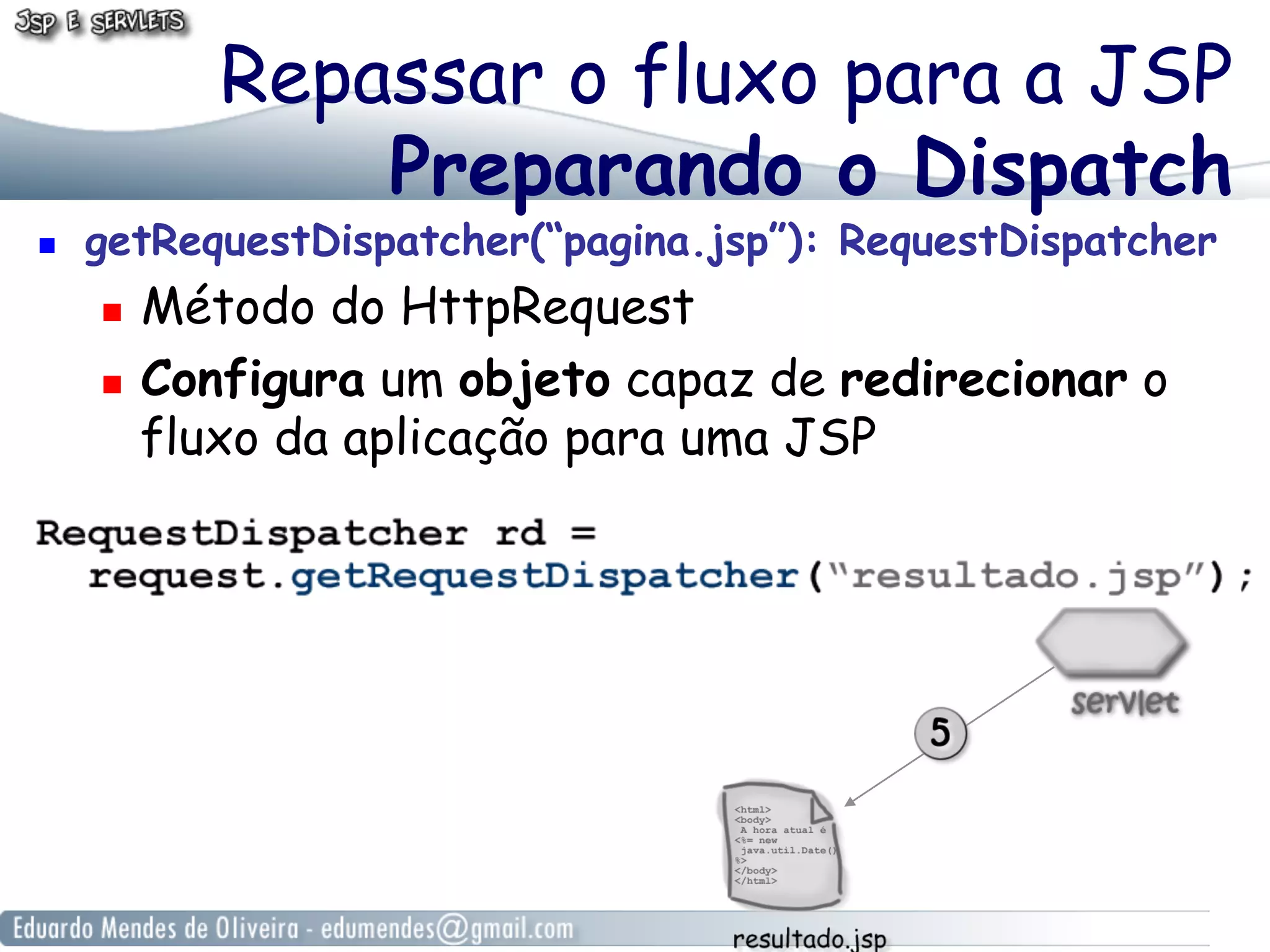 Repassar o fluxo para a JSP
               Preparando o Dispatch
    getRequestDispatcher(“pagina.jsp”): RequestDispatcher
       Método do HttpRequest
       Configura um objeto capaz de redirecionar o
        fluxo da aplicação para uma JSP
 