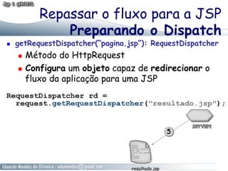 Repassar o fluxo para a JSP
               Preparando o Dispatch
    getRequestDispatcher(“pagina.jsp”): RequestDispatcher
       Método do HttpRequest
       Configura um objeto capaz de redirecionar o
        fluxo da aplicação para uma JSP
 