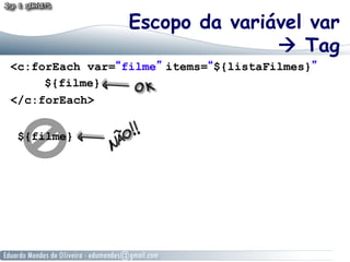 Escopo da variável var
                                 Tag
<c:forEach var=“filme” items=“${listaFilmes}”
     ${filme}
</c:forEach>


 ${filme}
 
