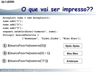 O que vai ser impresso??
ArrayList nums = new ArrayList();
nums.add(“1”);
nums.add(“2”);
nums.add(“0”);
request.setAttribute(“numeros”, nums);
String[] musicaFavorita =
{“Andanças”, “Djobi,Djoba”, “Blau Blau”};

${musicaFavorita[numeros[0]]}

Djobi, Djoba

${musicaFavorita[numeros[0] + 1]}

Blau Blau

${musicaFavorita[numeros[“2”]]}

Andanças

 