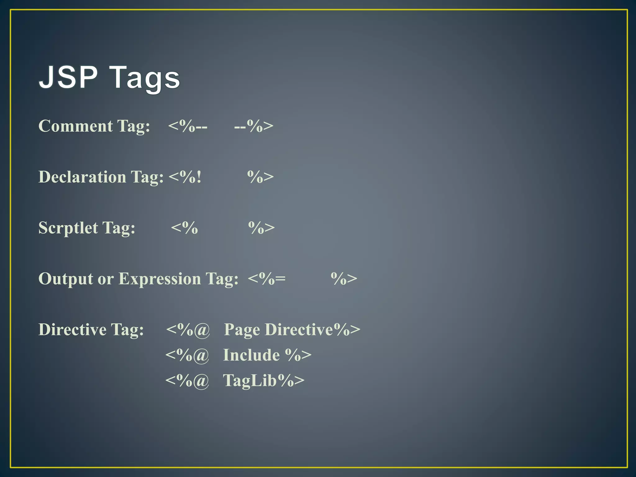 Comment Tag: <%-- --%>
Declaration Tag: <%! %>
Scrptlet Tag: <% %>
Output or Expression Tag: <%= %>
Directive Tag: <%@ Page Directive%>
<%@ Include %>
<%@ TagLib%>
 