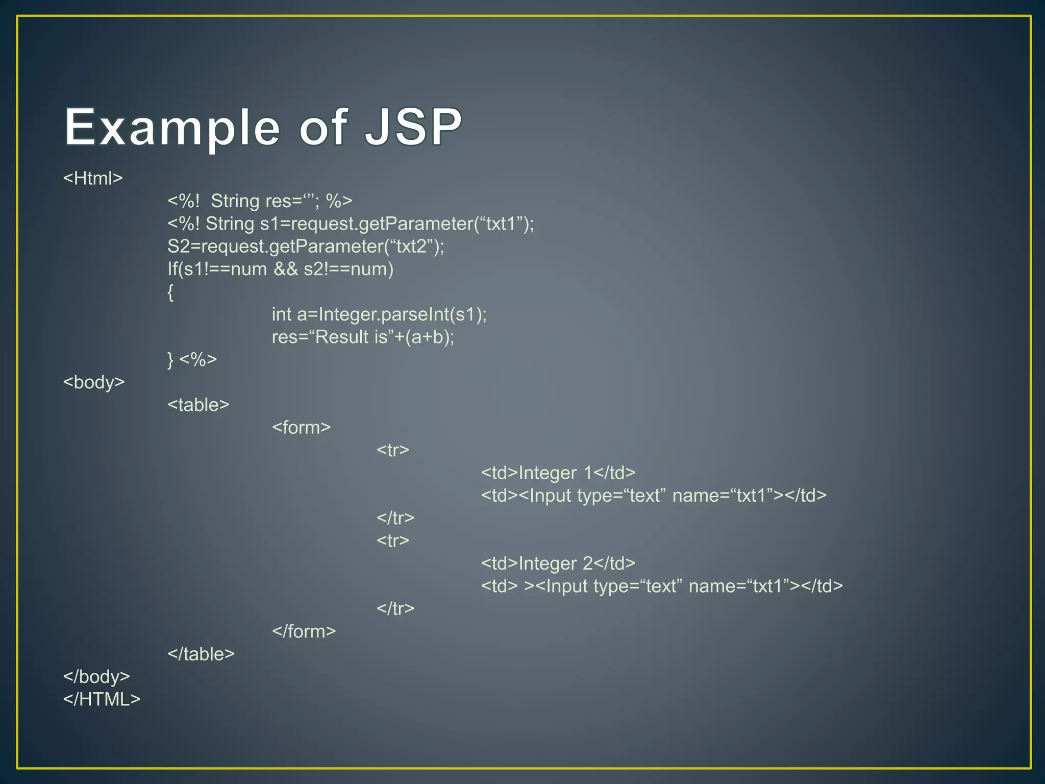 <Html>
<%! String res=‘’’; %>
<%! String s1=request.getParameter(“txt1”);
S2=request.getParameter(“txt2”);
If(s1!==num && s2!==num)
{
int a=Integer.parseInt(s1);
res=“Result is”+(a+b);
} <%>
<body>
<table>
<form>
<tr>
<td>Integer 1</td>
<td><Input type=“text” name=“txt1”></td>
</tr>
<tr>
<td>Integer 2</td>
<td> ><Input type=“text” name=“txt1”></td>
</tr>
</form>
</table>
</body>
</HTML>
 