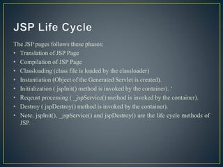 The JSP pages follows these phases:
• Translation of JSP Page
• Compilation of JSP Page
• Classloading (class file is loaded by the classloader)
• Instantiation (Object of the Generated Servlet is created).
• Initialization ( jspInit() method is invoked by the container). ‘
• Reqeust processing ( _jspService() method is invoked by the container).
• Destroy ( jspDestroy() method is invoked by the container).
• Note: jspInit(), _jspService() and jspDestroy() are the life cycle methods of
JSP.
 