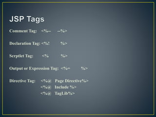 Comment Tag: <%-- --%>
Declaration Tag: <%! %>
Scrptlet Tag: <% %>
Output or Expression Tag: <%= %>
Directive Tag: <%@ Page Directive%>
<%@ Include %>
<%@ TagLib%>
 