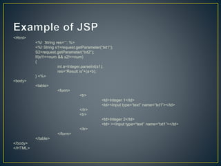 <Html>
<%! String res=‘’’; %>
<%! String s1=request.getParameter(“txt1”);
S2=request.getParameter(“txt2”);
If(s1!==num && s2!==num)
{
int a=Integer.parseInt(s1);
res=“Result is”+(a+b);
} <%>
<body>
<table>
<form>
<tr>
<td>Integer 1</td>
<td><Input type=“text” name=“txt1”></td>
</tr>
<tr>
<td>Integer 2</td>
<td> ><Input type=“text” name=“txt1”></td>
</tr>
</form>
</table>
</body>
</HTML>
 