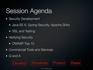 Session Agenda
Security Development
  Java EE 6, Spring Security, Apache Shiro
  SSL and Testing
Verifying Security
  OWASP Top 10
Commercial Tools and Services
Q and A

  Develop        Penetrate                     Protect   Relax
                       © 2011 Raible Designs
 