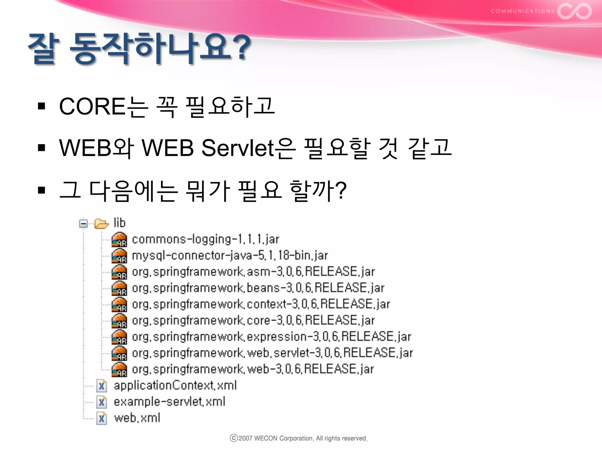 §  CORE는 꼭 필요하고
§  WEB와 WEB Servlet은 필요할 것 같고
§  그 다음에는 뭐가 필요 할까?

 