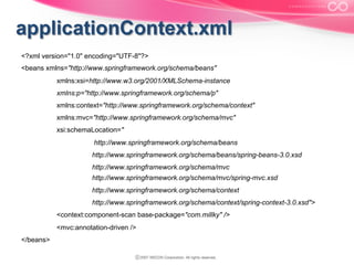 <?xml version="1.0" encoding="UTF-8"?>
<beans xmlns="http://www.springframework.org/schema/beans"
xmlns:xsi=http://www.w3.org/2001/XMLSchema-instance
xmlns:p="http://www.springframework.org/schema/p"
xmlns:context="http://www.springframework.org/schema/context"
xmlns:mvc="http://www.springframework.org/schema/mvc"
xsi:schemaLocation="
http://www.springframework.org/schema/beans
http://www.springframework.org/schema/beans/spring-beans-3.0.xsd
http://www.springframework.org/schema/mvc
http://www.springframework.org/schema/mvc/spring-mvc.xsd
http://www.springframework.org/schema/context
http://www.springframework.org/schema/context/spring-context-3.0.xsd">
<context:component-scan base-package="com.millky" />
<mvc:annotation-driven />
</beans>

 
