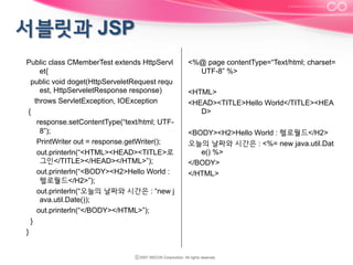 Public class CMemberTest extends HttpServl
et{
public void doget(HttpServeletRequest requ
est, HttpServeletResponse response)
throws ServletException, IOException
{
response.setContentType(“text/html; UTF8”);
PrintWriter out = response.getWriter();
out.printerln(“<HTML><HEAD><TITLE>로
그인</TITLE></HEAD></HTML>”);
out.printerln(“<BODY><H2>Hello World :
헬로월드</H2>”);
out.printerln(“오늘의 날짜와 시간은 : “new j
ava.util.Date());
out.printerln(“</BODY></HTML>”);
}
}

<%@ page contentType=“Text/html; charset=
UTF-8” %>
<HTML>
<HEAD><TITLE>Hello World</TITLE><HEA
D>
<BODY><H2>Hello World : 헬로월드</H2>
오늘의 날짜와 시간은 : <%= new java.util.Dat
e() %>
</BODY>
</HTML>

 