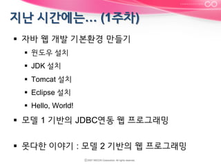 §  자바 웹 개발 기본환경 만들기
§  윈도우 설치
§  JDK 설치
§  Tomcat 설치
§  Eclipse 설치
§  Hello, World!

§  모델 1 기반의 JDBC연동 웹 프로그래밍
§  못다한 이야기 : 모델 2 기반의 웹 프로그래밍

 