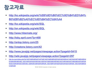 §  http://ko.wikipedia.org/wiki/%EB%8D%B0%EC%9D%B4%ED%84%
B0%EB%B2%A0%EC%9D%B4%EC%8A%A4
§  http://ko.wikipedia.org/wiki/SQL
§  http://en.wikipedia.org/wiki/SQL
§  http://www.hibernate.org/
§  http://toby.epril.com/?p=468
§  http://antop.tistory.com/25
§  http://creatorw.tistory.com/42
§  http://www.javajigi.net/pages/viewpage.action?pageId=5415
§  http://wiki.javajigi.net/pages/viewpage.action?pageId=297
§ 

http://w.nya.kr/doku.php?id=%EC%88%98%EC%97%85:%EC%9B%B9%ED%94%84%EB%A1%9C%EA%B7%B8%EB%9
E%98%EB%B0%8D_%EC%84%A4%EA%B3%84:%ED%81%B4%EB%9D%BC%EC%9D%B4%EC%96%B8%ED%8A%B
8%EC%99%80%EC%9D%98_%EB%8C%80%ED%99%94_%EC%BF%A0%ED%82%A4%EC%99%80_%EC%84%B8%E
C%85%98

 