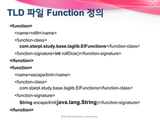 <function>
<name>rollIt</name>
<function-class>
com.starpl.study.base.taglib.ElFunctions</function-class>
<function-signature>int rollDice()</function-signature>
</function>
<function>
<name>escapeXml</name>
<function-class>
com.starpl.study.base.taglib.ElFunctions</function-class>
<function-signature>
String escapeXml(java.lang.String)</function-signature>
</function>

 