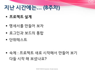 §  프로젝트 설계
§  명세서를 만들어 보자
§  로그인과 보드의 통합
§  단위테스트
§  숙제 : 프로젝트 새로 시작해서 만들어 보기
다들 시작 해 보셨나요?

 