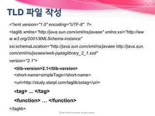 <?xml version="1.0" encoding="UTF-8" ?>
<taglib xmlns="http://java.sun.com/xml/ns/javaee" xmlns:xsi="http://ww
w.w3.org/2001/XMLSchema-instance"
xsi:schemaLocation="http://java.sun.com/xml/ns/javaee http://java.sun.
com/xml/ns/javaee/web-jsptaglibrary_2_1.xsd"
version="2.1">
<tlib-version>2.1</tlib-version>
<short-name>simpleTags</short-name>
<uri>http://study.starpl.com/taglib/sstag</uri>
<tag>

... </tag>

<function> … </function>
</taglib>

 