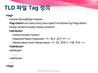 <tag>
<name>formatDate</name>
<tag-class>com.starpl.study.base.taglib.FormatDateTag</tag-class>
<body-content>empty</body-content>
<attribute>
<name>locale</name>
<required>false</required> <!-- 필수 값인가? -->
<rtexprvalue>true</rtexprvalue> <!-- EL 표현식 사용 여부 -->
</attribute>
<attribute>
……
</attribute>
……
</tag>

 