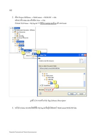 102


    2.   เลือก Project JSPDemo → WebContent → WEB-INF → tlds
         คลิกขวาที่ Folder tlds แล้วเลือก New → File
         กำหนด TLD Name = MyTag.tld ***ให้ใส่ นามสกุล tld ด้วย แล้ว กด Finish




                                   รูปที่ 12.8 การสร้าง File Tag Library Descriptor

    3.   หน้าต่าง Editor จะแสดงไฟล์ที่ชื่อ MyTag.tld ที่อยู่ในโฟลเดอร์ WebContentWEB-INFtlds




Thanachart Numnonda and Thanisa Kruawaisayawan
 