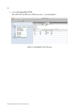 34

     2.   เราสามารถที่จะดูข้อมูลที่ป้อนเข้าไปได้
          โดยการคลิ๊กขวาที่ Table ที่ชื่อ books เแล้วลือก Select Rows – Limit1000 ดังรูปที่ 4.6




                                           รูปที่ 4.6 การเรียกดูข้อมูลใน Table ชื่อ books




Thanachart Numnonda and Thanisa Kruawaisayawan
 