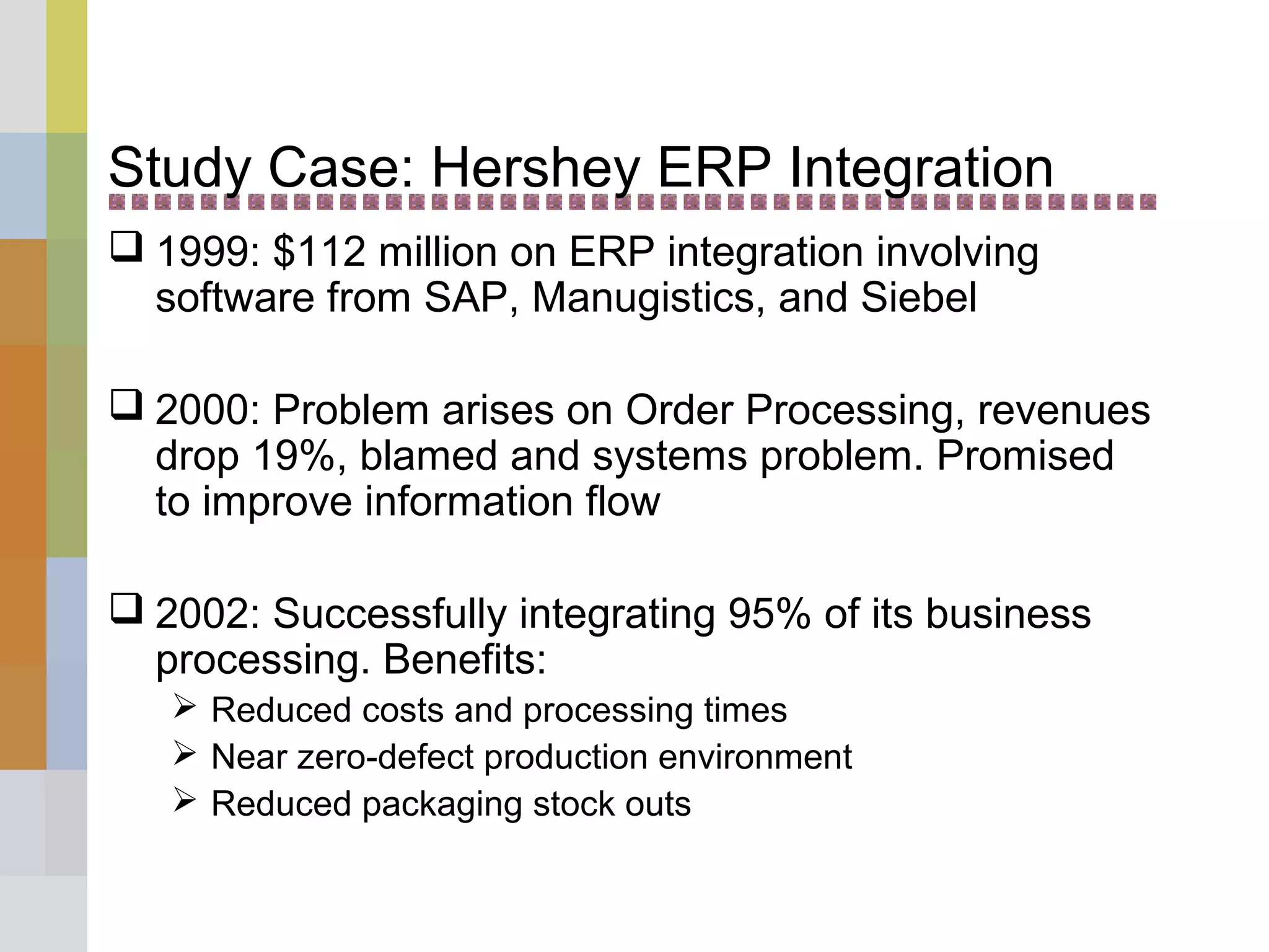 Study Case: Hershey ERP Integration
 1999: $112 million on ERP integration involving
software from SAP, Manugistics, and Siebel
 2000: Problem arises on Order Processing, revenues
drop 19%, blamed and systems problem. Promised
to improve information flow
 2002: Successfully integrating 95% of its business
processing. Benefits:
 Reduced costs and processing times
 Near zero-defect production environment
 Reduced packaging stock outs
 