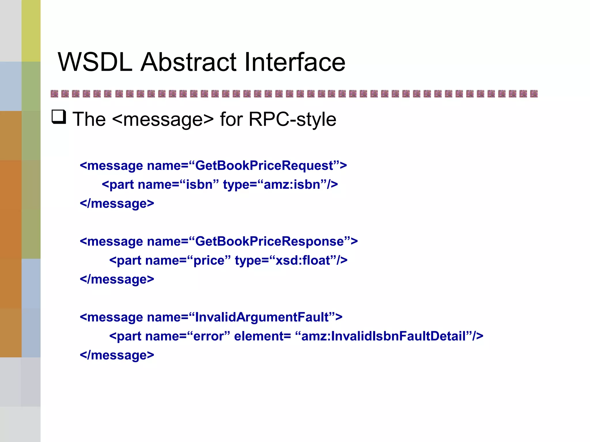WSDL Abstract Interface
 The <message> for RPC-style
<message name=“GetBookPriceRequest”>
<part name=“isbn” type=“amz:isbn”/>
</message>
<message name=“GetBookPriceResponse”>
<part name=“price” type=“xsd:float”/>
</message>
<message name=“InvalidArgumentFault”>
<part name=“error” element= “amz:InvalidIsbnFaultDetail”/>
</message>
 