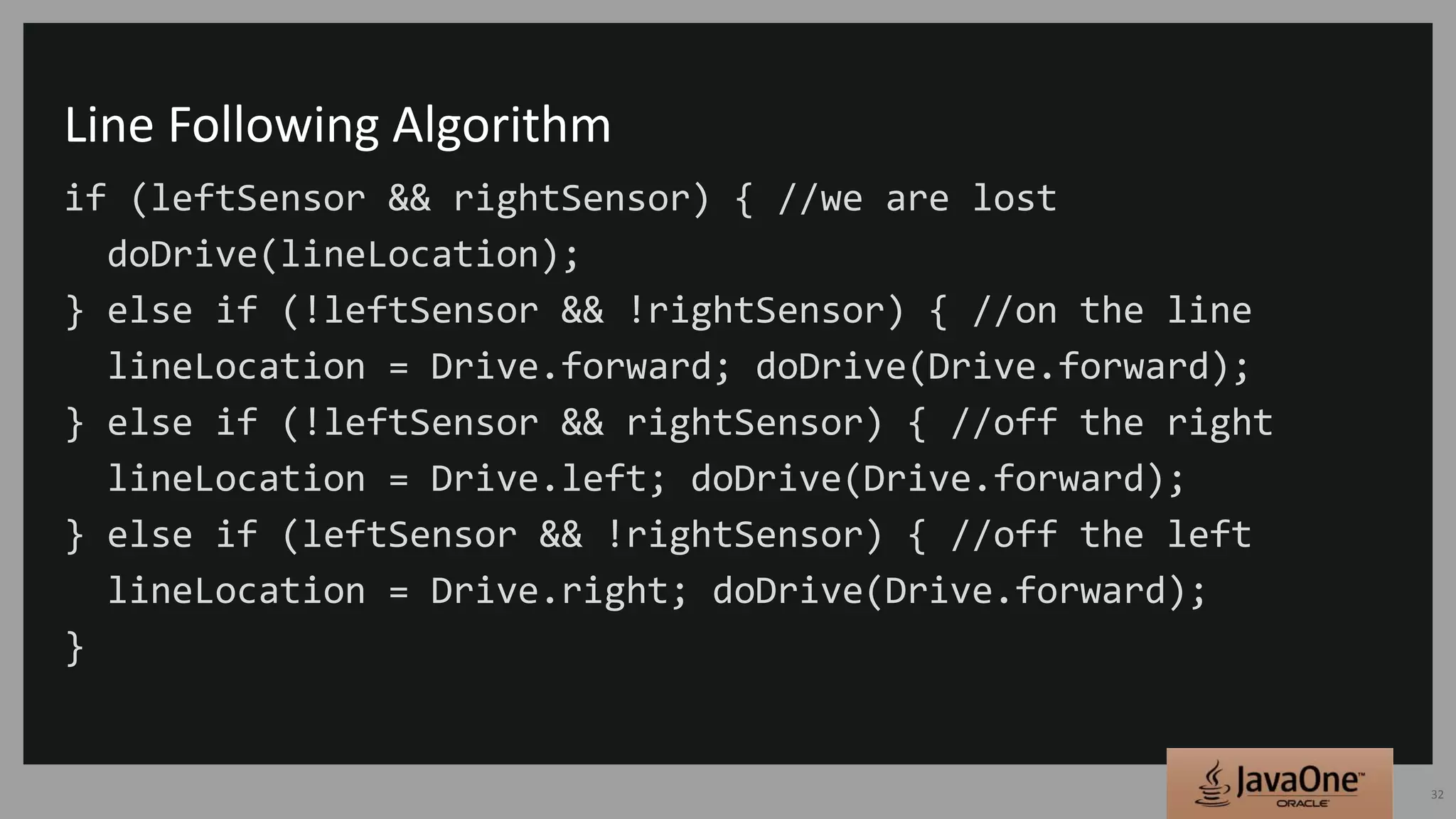 Line Following Algorithm
if (leftSensor && rightSensor) { //we are lost
doDrive(lineLocation);
} else if (!leftSensor && !rightSensor) { //on the line
lineLocation = Drive.forward; doDrive(Drive.forward);
} else if (!leftSensor && rightSensor) { //off the right
lineLocation = Drive.left; doDrive(Drive.forward);
} else if (leftSensor && !rightSensor) { //off the left
lineLocation = Drive.right; doDrive(Drive.forward);
}
32
 