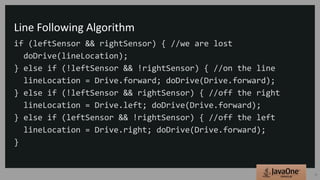 Line Following Algorithm
if (leftSensor && rightSensor) { //we are lost
doDrive(lineLocation);
} else if (!leftSensor && !rightSensor) { //on the line
lineLocation = Drive.forward; doDrive(Drive.forward);
} else if (!leftSensor && rightSensor) { //off the right
lineLocation = Drive.left; doDrive(Drive.forward);
} else if (leftSensor && !rightSensor) { //off the left
lineLocation = Drive.right; doDrive(Drive.forward);
}
32
 