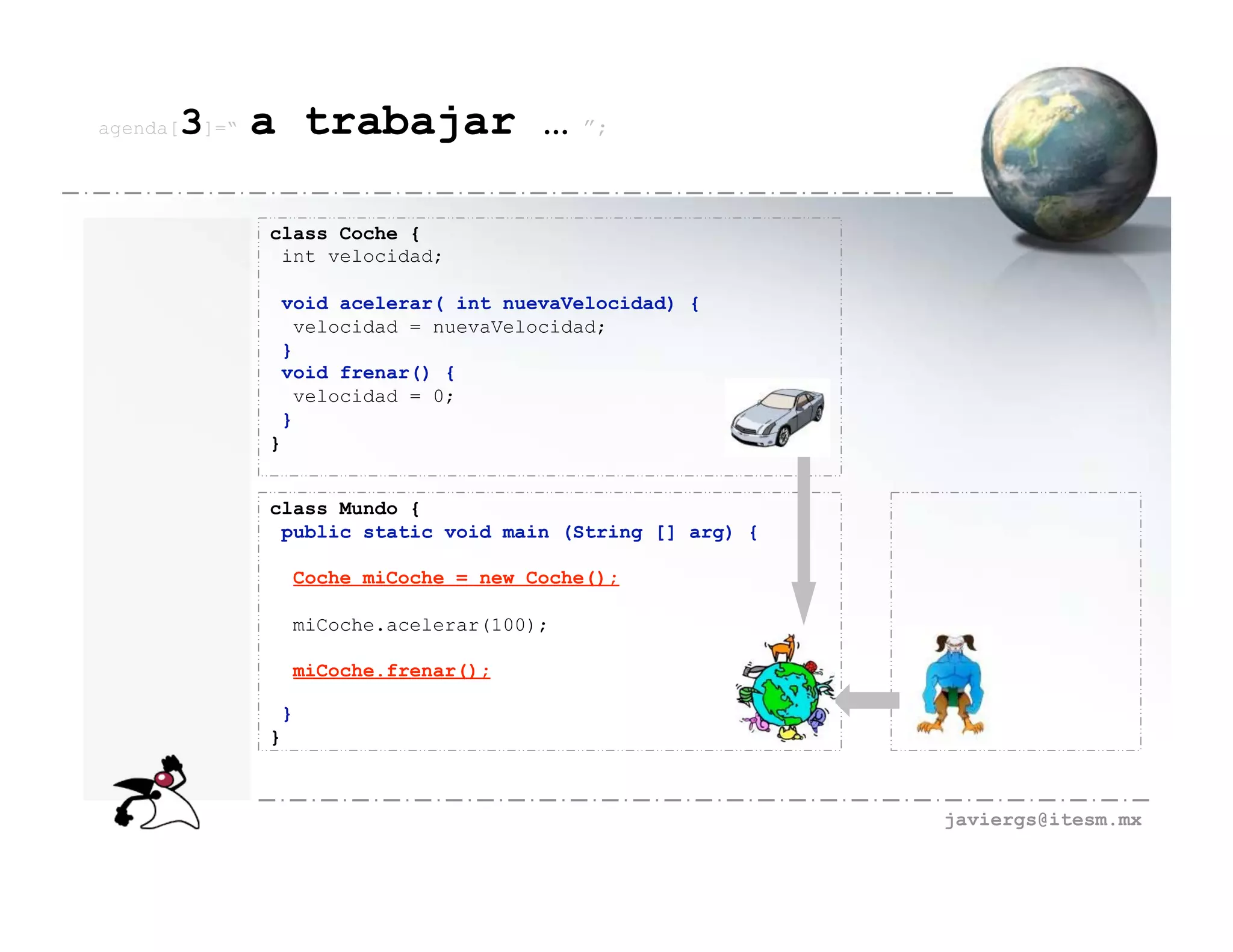 agenda[   3]=“ a trabajar …                ”;



             class Coche {
              int velocidad;

               void acelerar( int nuevaVelocidad) {
                 velocidad = nuevaVelocidad;
               }
              void frenar() {
                 velocidad = 0;
              }
             }


             class Mundo {
              public static void main (String [] arg) {

                  Coche miCoche = new Coche();

                  miCoche.acelerar(100);

                  miCoche.frenar();

              }
             }



                                                          javiergs@itesm.mx
 