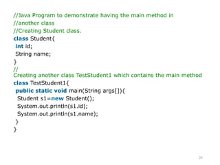 25
//Java Program to demonstrate having the main method in
//another class
//Creating Student class.
class Student{
int id;
String name;
}
//
Creating another class TestStudent1 which contains the main method
class TestStudent1{
public static void main(String args[]){
Student s1=new Student();
System.out.println(s1.id);
System.out.println(s1.name);
}
}
 