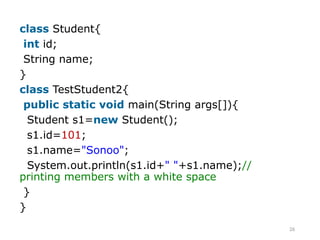 26
class Student{
int id;
String name;
}
class TestStudent2{
public static void main(String args[]){
Student s1=new Student();
s1.id=101;
s1.name="Sonoo";
System.out.println(s1.id+" "+s1.name);//
printing members with a white space
}
}
 