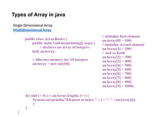 9
Types of Array in java
Single Dimensional Array
Multidimensional Array
 