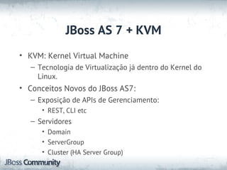 JBoss AS 7 + KVM
• KVM: Kernel Virtual Machine
   – Tecnologia de Virtualização já dentro do Kernel do
     Linux.
• Conceitos Novos do JBoss AS7:
   – Exposição de APIs de Gerenciamento:
      • REST, CLI etc
   – Servidores
      • Domain
      • ServerGroup
      • Cluster (HA Server Group)
 