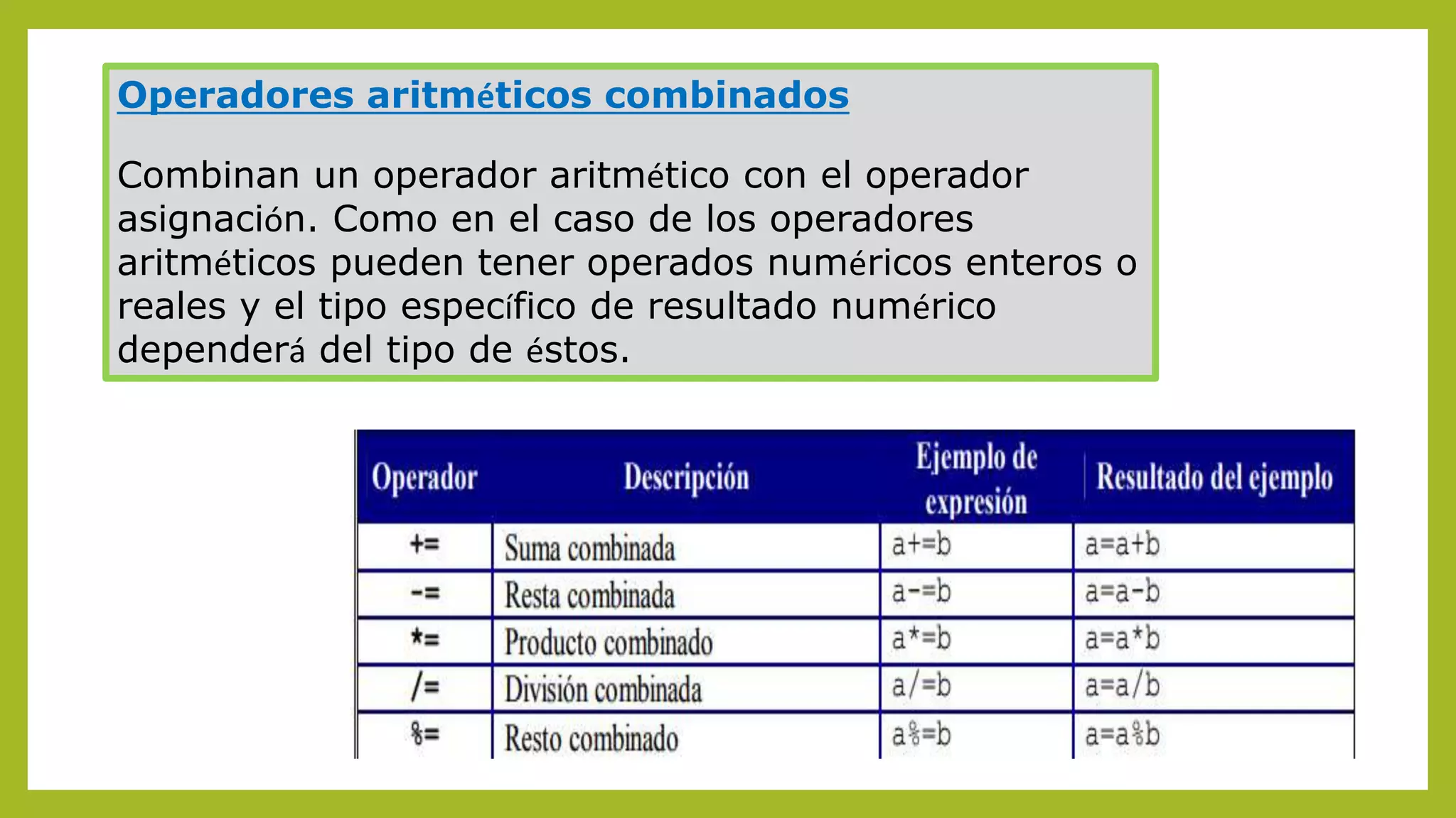 Operadores aritméticos combinados
Combinan un operador aritmético con el operador
asignación. Como en el caso de los operadores
aritméticos pueden tener operados numéricos enteros o
reales y el tipo específico de resultado numérico
dependerá del tipo de éstos.
 