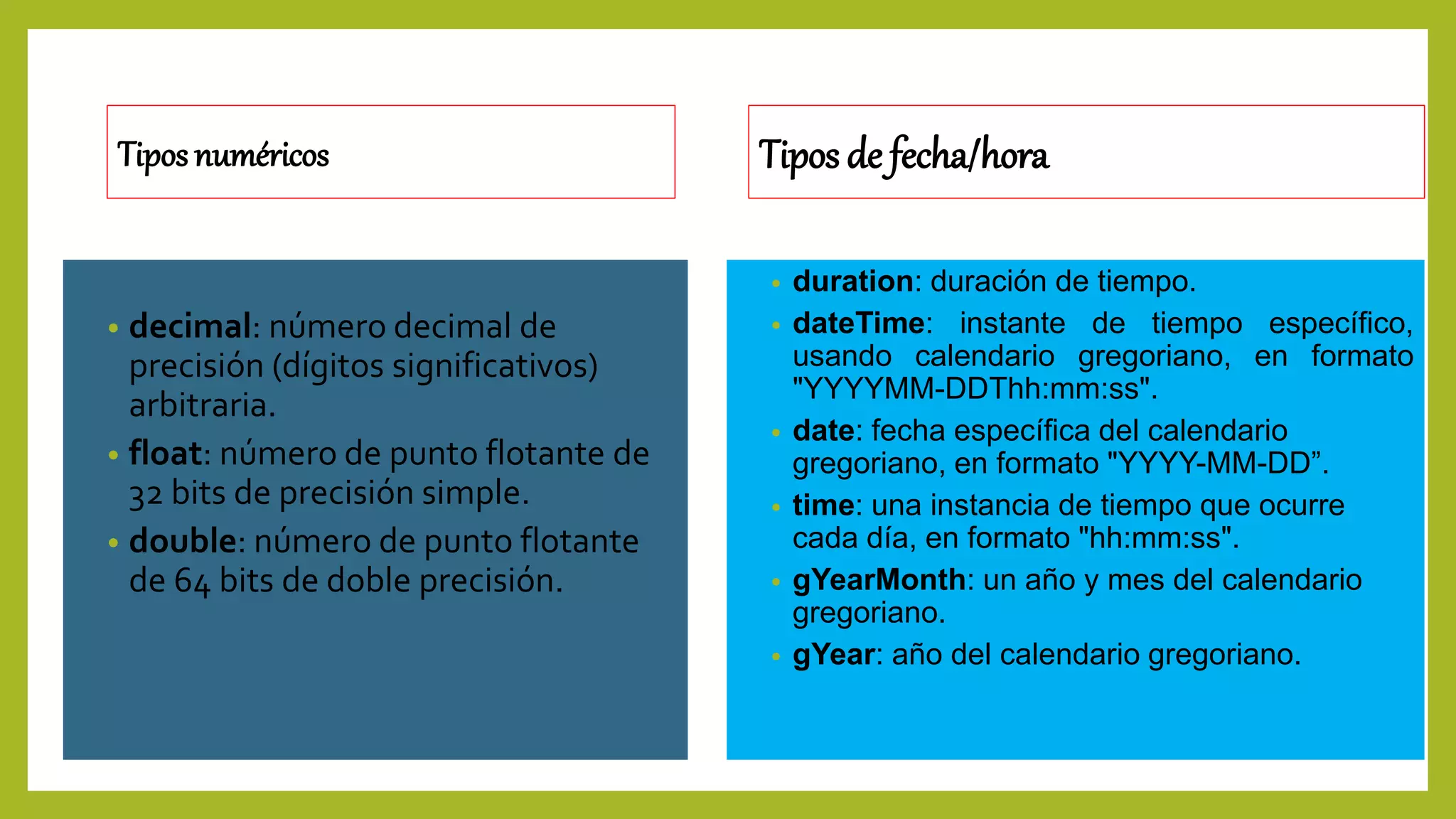Tipos numéricos
• decimal: número decimal de
precisión (dígitos significativos)
arbitraria.
• float: número de punto flotante de
32 bits de precisión simple.
• double: número de punto flotante
de 64 bits de doble precisión.
Tipos de fecha/hora
• duration: duración de tiempo.
• dateTime: instante de tiempo específico,
usando calendario gregoriano, en formato
"YYYYMM-DDThh:mm:ss".
• date: fecha específica del calendario
gregoriano, en formato "YYYY-MM-DD”.
• time: una instancia de tiempo que ocurre
cada día, en formato "hh:mm:ss".
• gYearMonth: un año y mes del calendario
gregoriano.
• gYear: año del calendario gregoriano.
 