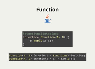 FunctionFunction
@FunctionalInterface
interface Function<A, B> {
B apply(A a);
}
Function<A, B> function1 = Functions::function;
Function<A, B> function2 = a -> new B(a);
 