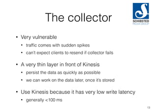 The collector
• Very vulnerable
• trafﬁc comes with sudden spikes
• can’t expect clients to resend if collector fails
• A very thin layer in front of Kinesis
• persist the data as quickly as possible
• we can work on the data later, once it’s stored
• Use Kinesis because it has very low write latency
• generally <100 ms
13
 