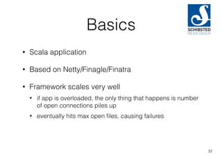 Basics
• Scala application
• Based on Netty/Finagle/Finatra
• Framework scales very well
• if app is overloaded, the only thing that happens is number
of open connections piles up
• eventually hits max open ﬁles, causing failures
32
 