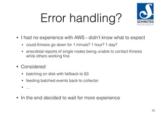 Error handling?
• I had no experience with AWS - didn’t know what to expect
• could Kinesis go down for 1 minute? 1 hour? 1 day?
• anecdotal reports of single nodes being unable to contact Kinesis
while others working ﬁne
• Considered
• batching on disk with fallback to S3
• feeding batched events back to collector
• …
• In the end decided to wait for more experience
35
 