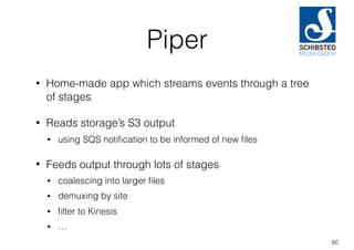 Piper
• Home-made app which streams events through a tree
of stages
• Reads storage’s S3 output
• using SQS notiﬁcation to be informed of new ﬁles
• Feeds output through lots of stages
• coalescing into larger ﬁles
• demuxing by site
• ﬁlter to Kinesis
• …
60
 