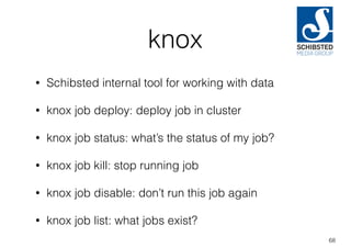 knox
• Schibsted internal tool for working with data
• knox job deploy: deploy job in cluster
• knox job status: what’s the status of my job?
• knox job kill: stop running job
• knox job disable: don’t run this job again
• knox job list: what jobs exist?
68
 