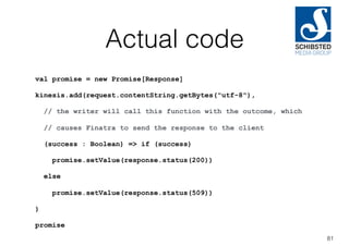 Actual code
val promise = new Promise[Response]
kinesis.add(request.contentString.getBytes("utf-8"),
// the writer will call this function with the outcome, which
// causes Finatra to send the response to the client
(success : Boolean) => if (success)
promise.setValue(response.status(200))
else
promise.setValue(response.status(509))
)
promise
81
 