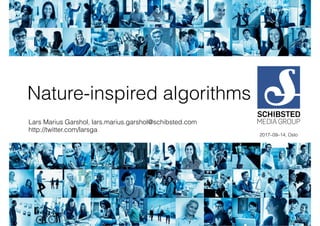 Nature-inspired algorithms
Lars Marius Garshol, lars.marius.garshol@schibsted.com
http://twitter.com/larsga
2017–09–14, Oslo
 