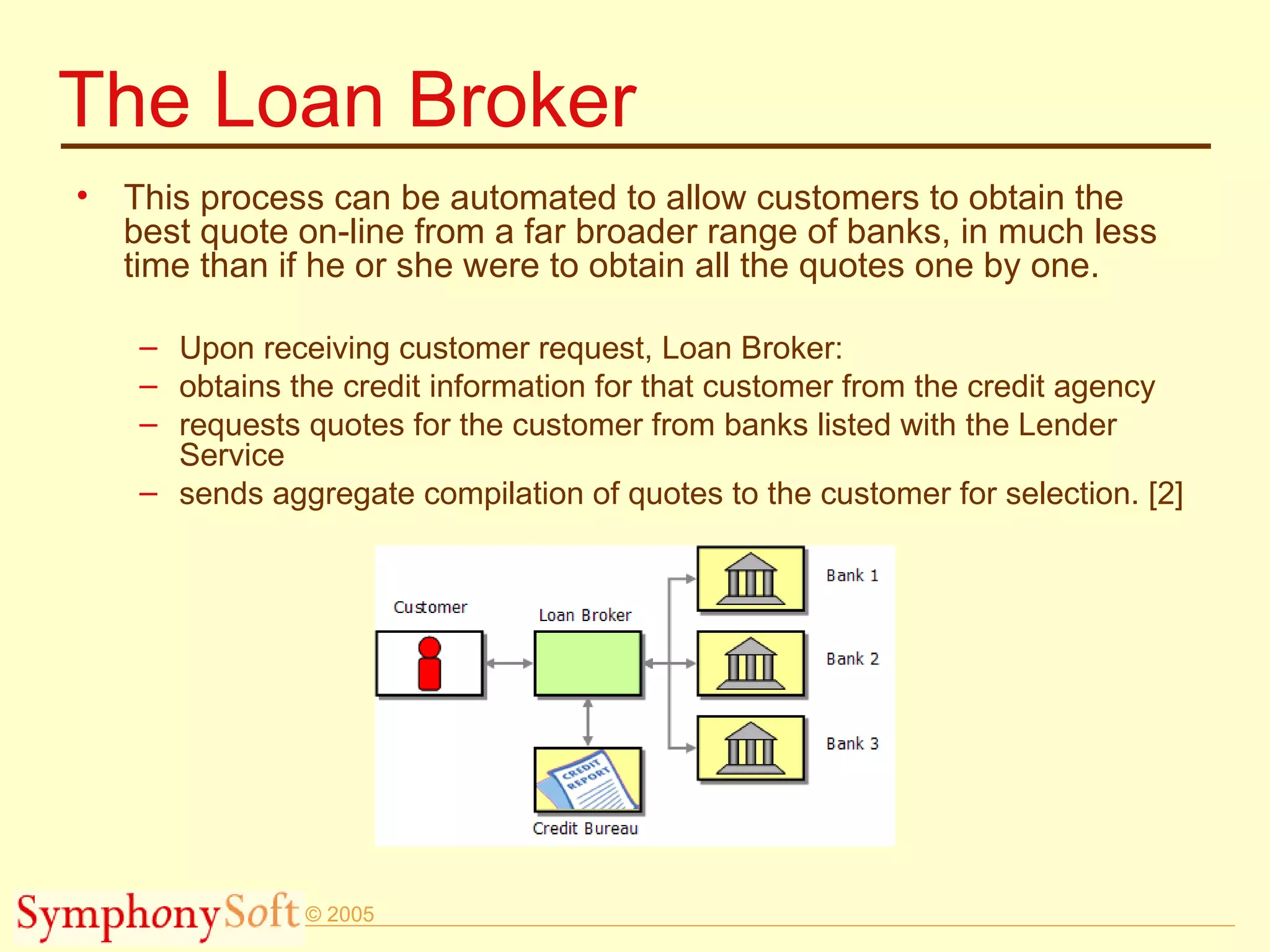 The Loan Broker This process can be automated to allow customers to obtain the best quote on-line from a far broader range of banks, in much less time than if he or she were to obtain all the quotes one by one. Upon receiving customer request, Loan Broker: obtains the credit information for that customer from the credit agency requests quotes for the customer from banks listed with the Lender Service sends aggregate compilation of quotes to the customer for selection. [2] 