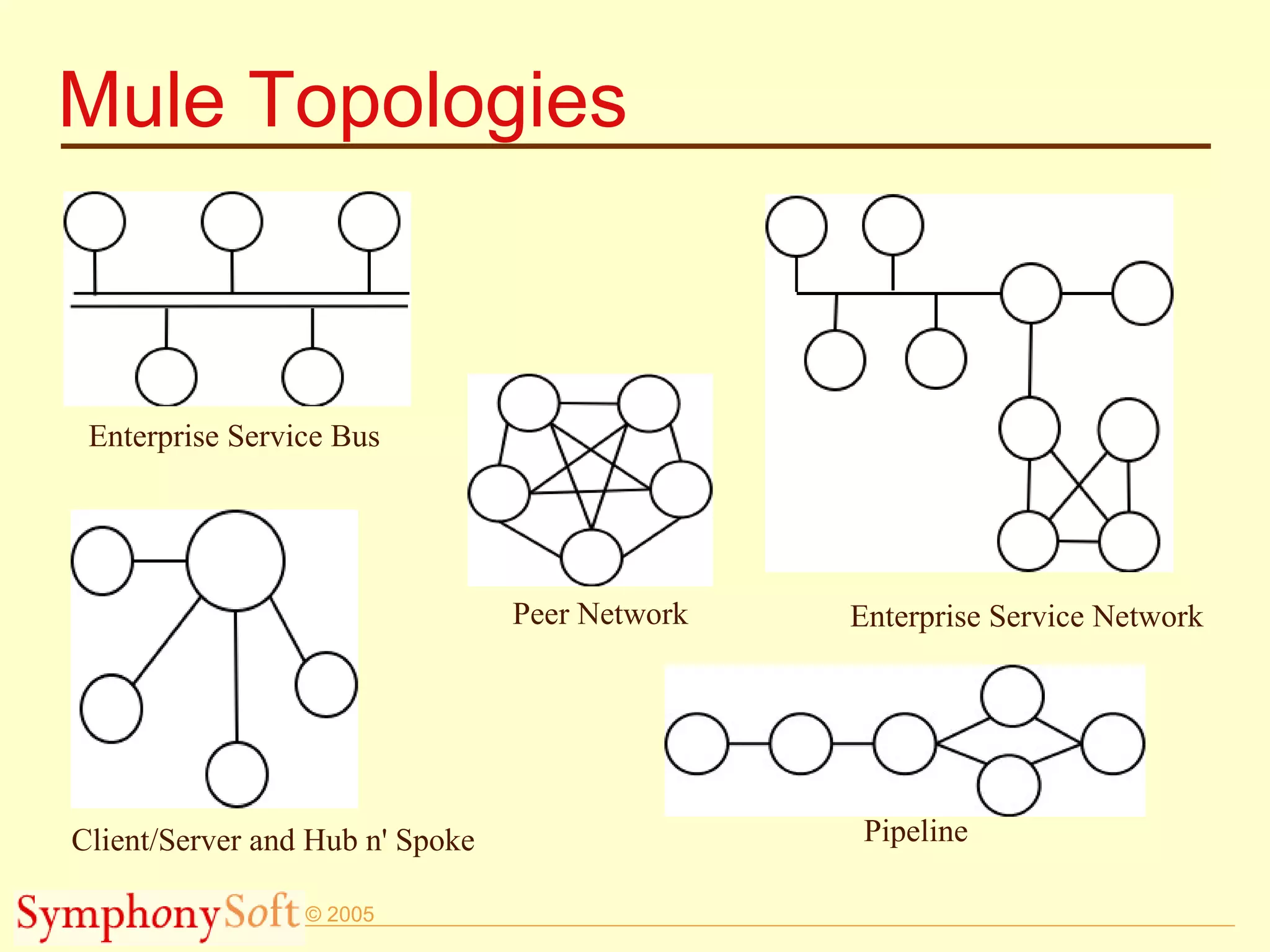 Mule Topologies Enterprise Service Bus Client/Server and Hub n' Spoke Peer Network Pipeline Enterprise Service Network 