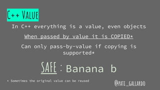 C++ Value
In C++ everything is a value, even objects
When passed by value it is COPIED*
Can only pass-by-value if copying is
supported*
SAFE : Banana b
* Sometimes the original value can be reused
@pati_gallardo
 