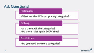 Ask Questions!
21
• What are the different pricing categories?
Preliminary
• Are these ALL the categories?
• Do these rules apply EVERY time?
Probing
• Do you need any more categories?
Possibilities
 