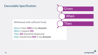 Executable Specification
38
Withdrawal with sufficient funds
Given I have 100$ in my Account
When I request 20$
Then 20$ should be dispensed
And I should have 80$ in my Account
Given
When
Then
 