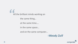48
All the brilliant minds working on
the same thing…
at the same time….
in the same space…
and on the same computer...
-Woody Zuill
 